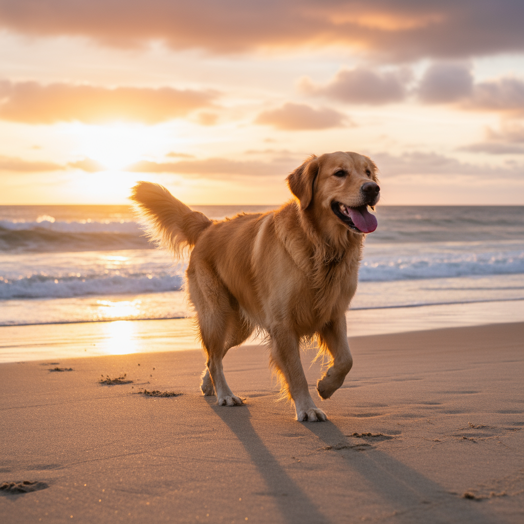 Happy dog running on beach