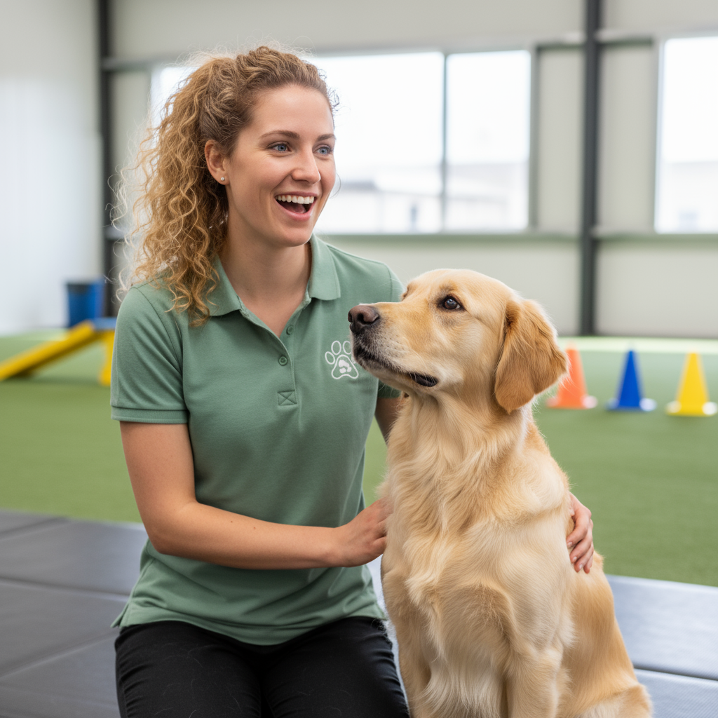 Emma training a golden retriever